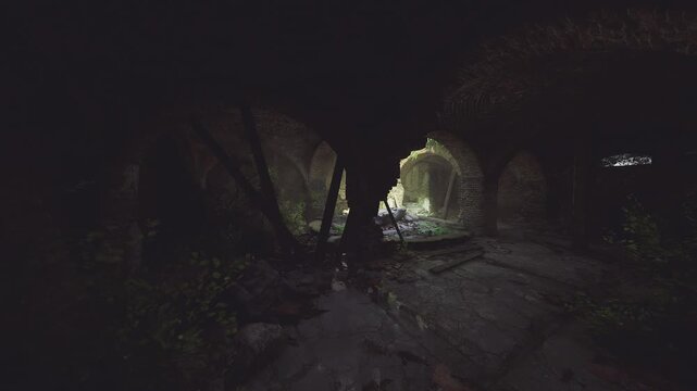 Dark vault corridor punctuated by bright arch, jagged shadows and wet stone, eerie stillness and tangled roots suggesting forgotten past, cinematic suspense