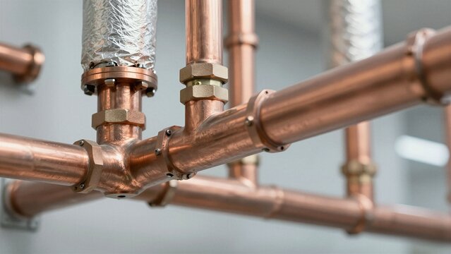 Close-up of shiny copper pipes connected with fittings and insulated tubing against a neutral wall background.
