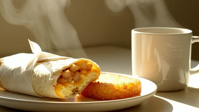 Cozy Breakfast Burrito Scene With Steaming Coffee And Golden Hash Brown On A Pale Cream Background