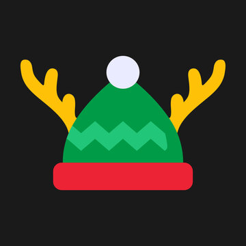 Festive elf hat with antlers flat icon on black background for holiday designs