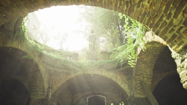 Bright circular skylight floods interior with soft rays, hanging vines and crumbling brick rim visible, sunlit dust motes and lush green growth, ideal for urban