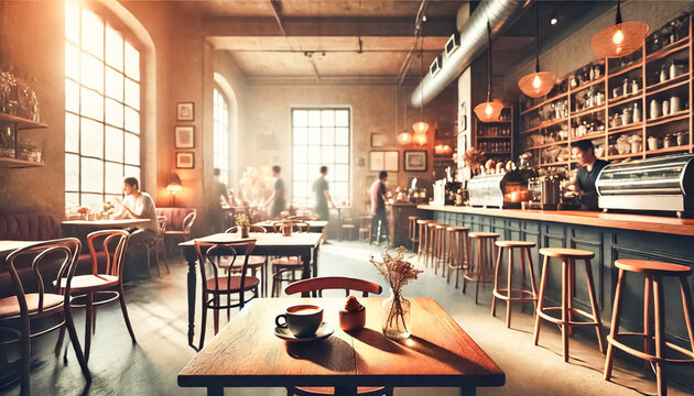 Sunlit Cafe with Industrial Decor and Loft-Style Design