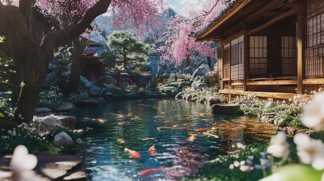 Tranquil japanese garden pond with koi fish and cherry blossoms