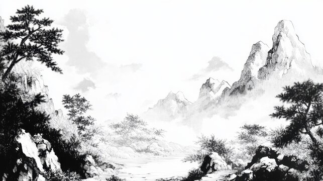 Tranquil asian mountain landscape in traditional ink wash art style