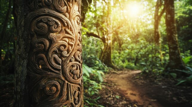Intricately carved tree trunk in enchanting forest pathway