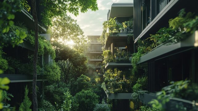 Futuristic cityscape with sustainable architecture and lush greenery