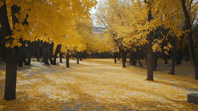 Sunlit pathway in vibrant autumn forest with golden leaves