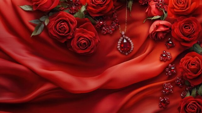 Elegant red jewelry display on satin with rose accents