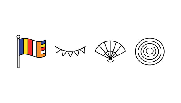 Traditional Buddhist Festival and Celebration Icon Set Featuring Multicolored Buddhist Flag on Pole, Hanging Bunting Pennant Garland, Folding Hand Fan, and Concentric Ring Target Vector