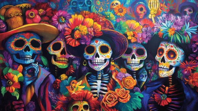 Colorful calaveras with flowers celebrating d&iacute;a de los muertos