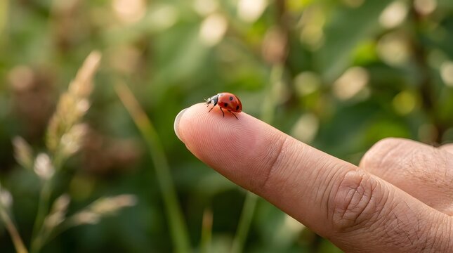 Small ladybug crawling on a human finger in a garden, macro nature photography.