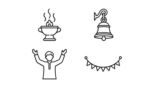 Traditional Hindu Worship and Festive Celebration Icon Set Featuring Sacred Dhunuchi Fire Incense Burner, Hanging Ghanta Temple Bell, Praying Man, and Decorative Bunting Toran Garland