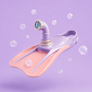 Playful surreal 3D illustration of a colorful swimming fin transformed with a small submarine-style periscope and surrounded by floating bubbles. Minimal concept combining swimming, diving and underwa