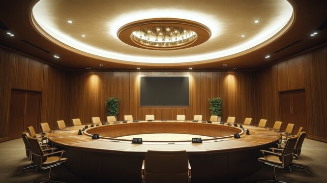 High-tech conference room with world map screen and modern design