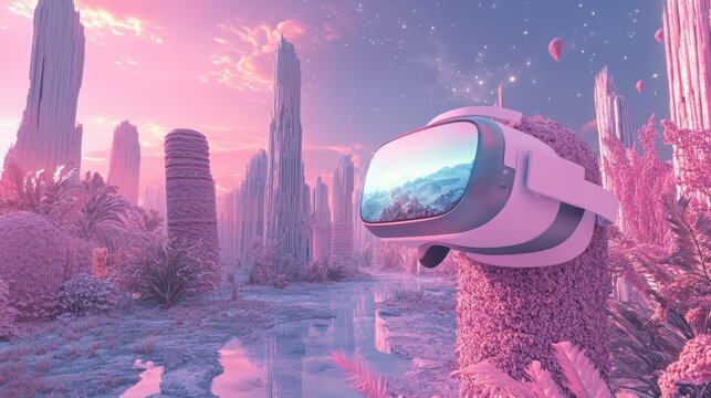 Virtual reality headset reflecting stunning sunset over rocky landscape