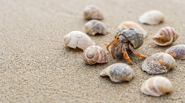 Hermit crab inspecting perfect and cracked seashells on natural sand for risk evaluation and choice concept