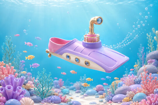 Colorful surreal 3D illustration of a pastel swimming fin transformed into a miniature submarine with periscope, portholes and propeller, traveling through a bright underwater coral reef.