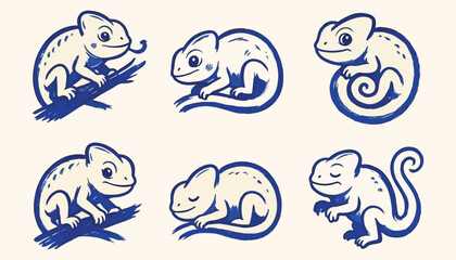 Fototapeta premium Cute Chameleon Doodle Icon Collection with Playful Reptile Characters and Whimsical Nature Illustrations 