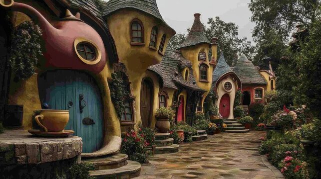 Whimsical fantasy street with colorful cartoonish houses and giant pink pitcher