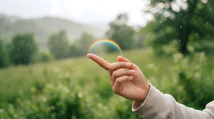 Obraz premium Hand touching a small rainbow in a rainy meadow, nature concept of hope and magic.