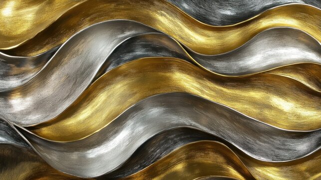 Abstract metallic waves in silver and gold on textured background