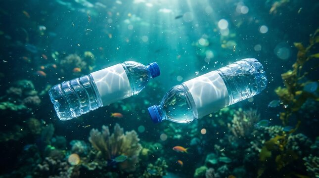 plastic bottles floating underwater with marine life and sunbeams