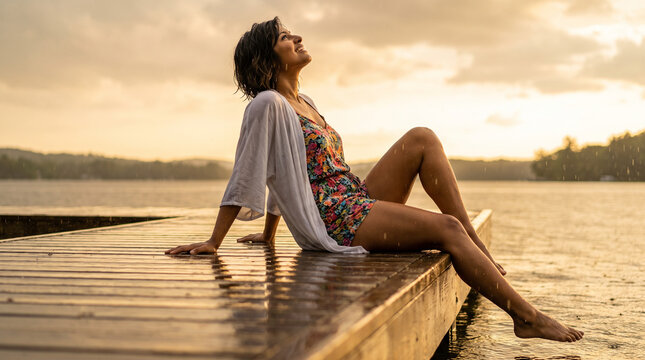 A modern Indian woman in a floral romper leans back on a dock, smiling up at the rain during golden hour by a lake.