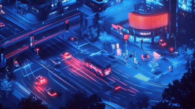 Busy urban night street with cars and streetlights in vibrant city scene