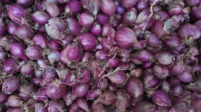fresh shallots dropping on  Surface, onion market , slow motion
