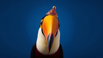 Naklejka premium Toucan wearing a tiny festive hat against a solid blue background, showcasing vibrant colors and intricate details of the bird's plumage and headwear