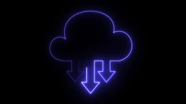 A neon glowing cloud storage animation featuring arrows for downloading data.