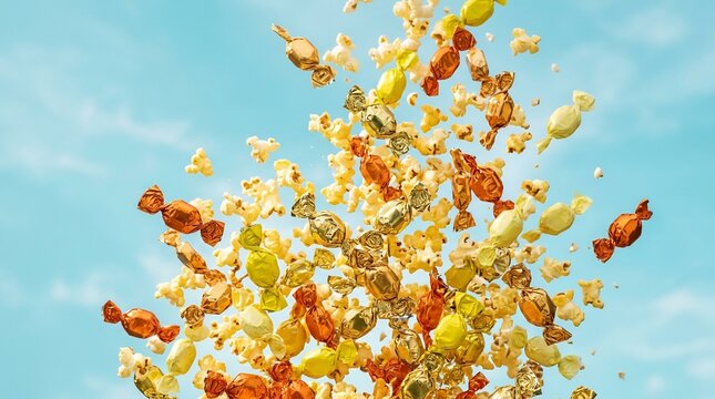 popcorn and colorful candies floating in bright blue sky