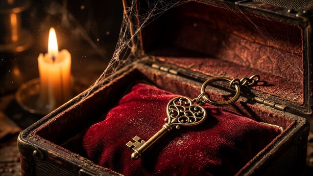 Antique Ornate Golden Key Resting on Red Velvet Cushion Inside Old Dusty Jewelry Box