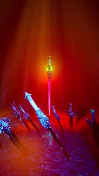 Dark Fantasy 3D Animation of Legendary Sword with Glowing Green Gem in Cursed Graveyard