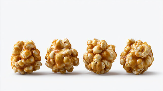 Four pieces of delicious caramel popcorn arranged in a row isolated on white background