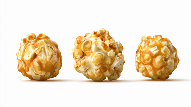 Three pieces of delicious caramel popcorn isolated on white background