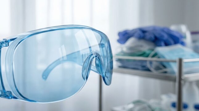 Clear Blue Protective Eye Shield and Medical Supplies in a Sterile Healthcare Environment