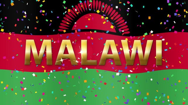 Waving Malawi Flag Background with Golden Text and Falling Confetti