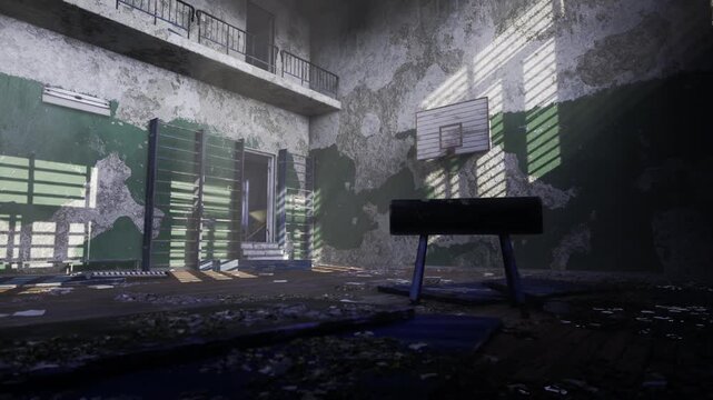 Moody derelict gym under dusk light, concrete surfaces and rusted hoop silhouetted by narrow window beams, heavy shadows and textured grime convey dramatic