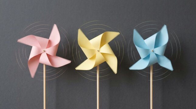 three pastel colored pinwheels on dark background with motion lines