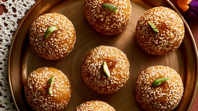 Top view of delicious til ladoo or sesame seed balls, a traditional indian sweet snack made for makar sankranti festival, served on a brass plate