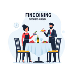 Fototapeta premium Fine Dining Customer Journey Illustration with Professional Waiter and Waitress Serving Food