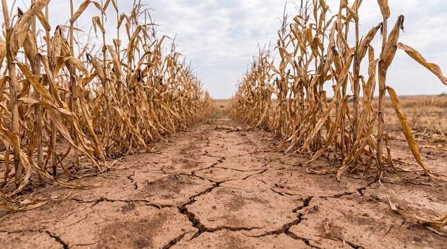 Dried cornfield with cracked soil and wilted plants under cloudy sky, showcasing effects of drought on agricultural land