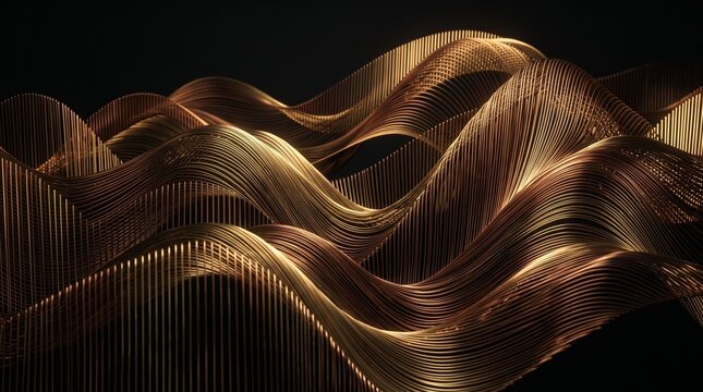 Abstract background featuring flowing golden metallic lines creating a 3D wave pattern with smooth light reflections against a dark black backdrop