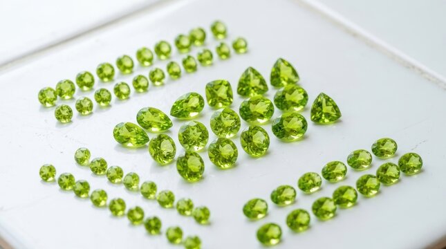 Collection of assorted faceted peridot gemstones in vibrant lime green shades arranged on a white surface