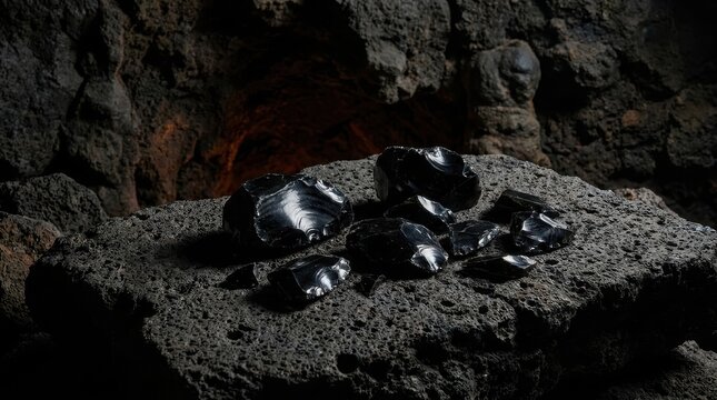 Collection of smooth dark obsidian shards scattered on a rough, textured volcanic rock surface.