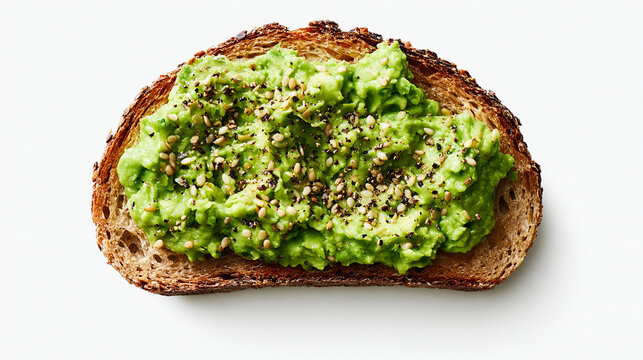 Avocado toast with sesame seeds and black pepper on a slice of toasted sourdough bread isolated on white background