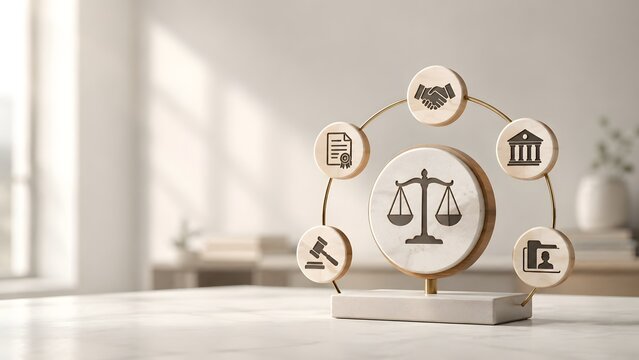 3D wooden legal scales of justice display with business agreement icons on a bright modern marble desk representing law and corporate trust.