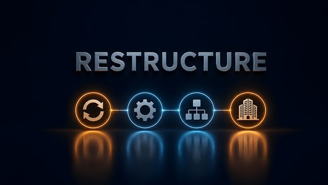 Metallic restructure typography with glowing connected neon icons highlighting company reorganization and workflow strategy.