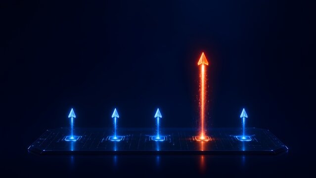 Glowing red paper airplane soaring high above blue planes from a digital launching pad platform. Symbolizing rapid startup growth, technological advancement, and market leadership.